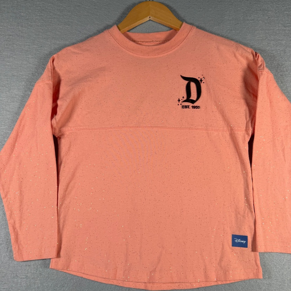Disney Spirit Jersey Kids M 7/8 Peach Gold Glitter Disneyland Resort Puff Print